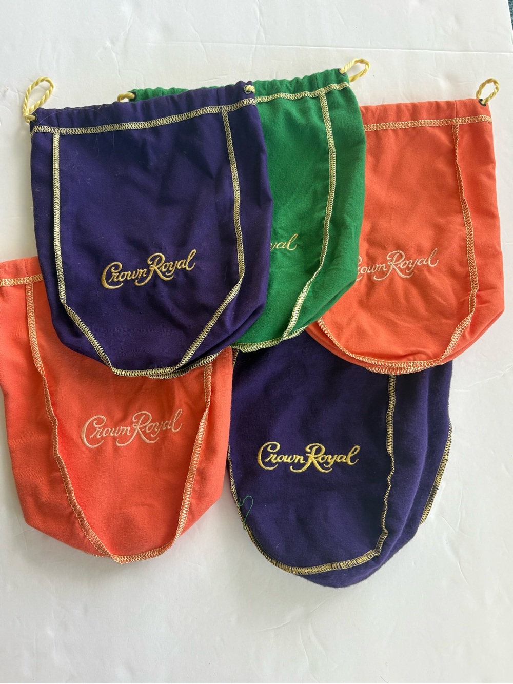 Crown Royal Velvet Drawstring Bags - Lot of 5 Purple, Green & Orange